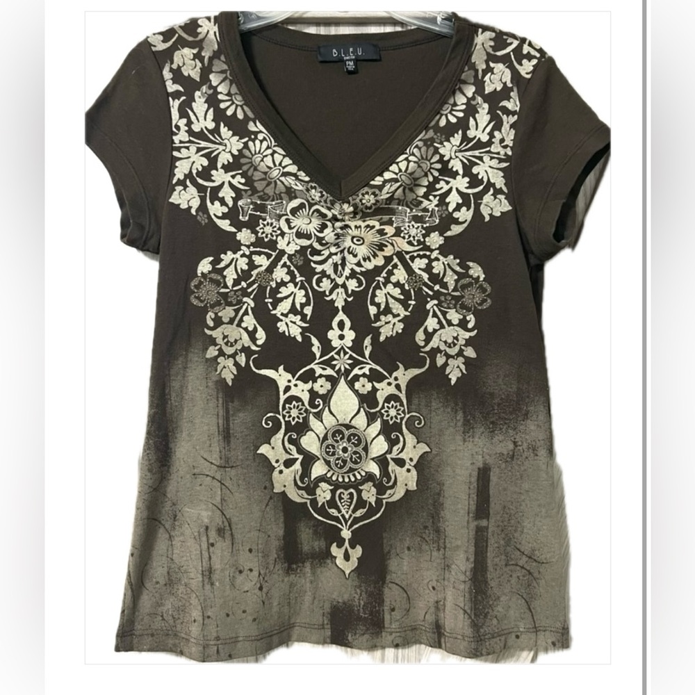 Brown Knit Top with Boho Design By B.L.E.U. SZ PM